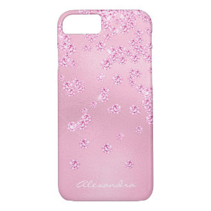 Monogram  Girly Pink Diamond Bling Confetti iPhone 8/7 Hoesje