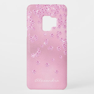 Monogram  Girly Pink Diamond Bling Confetti Case-Mate Samsung Galaxy S9 Hoesje