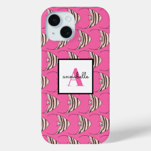 Monogram Girly Pink Fish Pattern Persoonlijk iPhone 15 Case