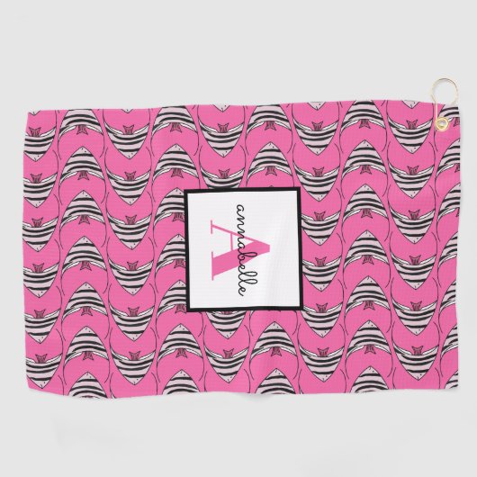 Monogram Girly Pink Fish Pattern Persoonlijk Golfhanddoek (Horizontaal)