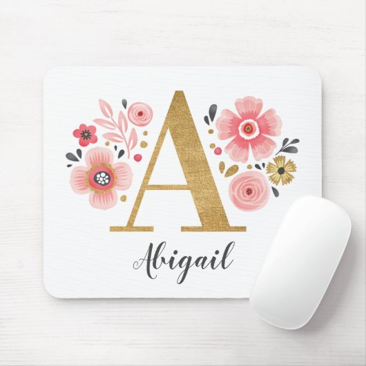 Monogram Girly Pink Floral Muismat (Met muis)