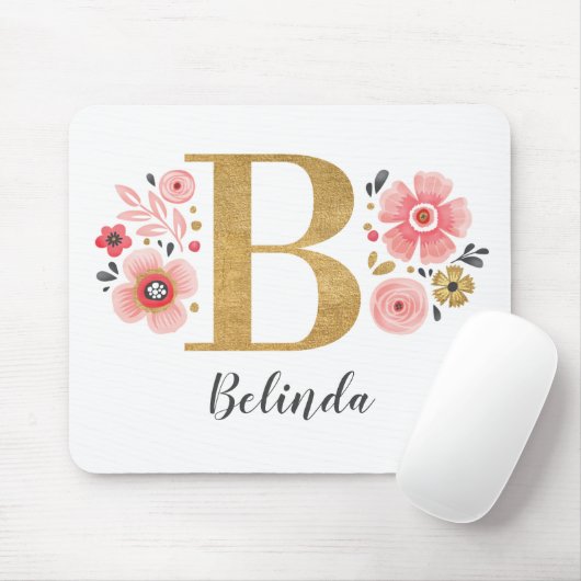 Monogram Girly Pink Floral Muismat (Met muis)