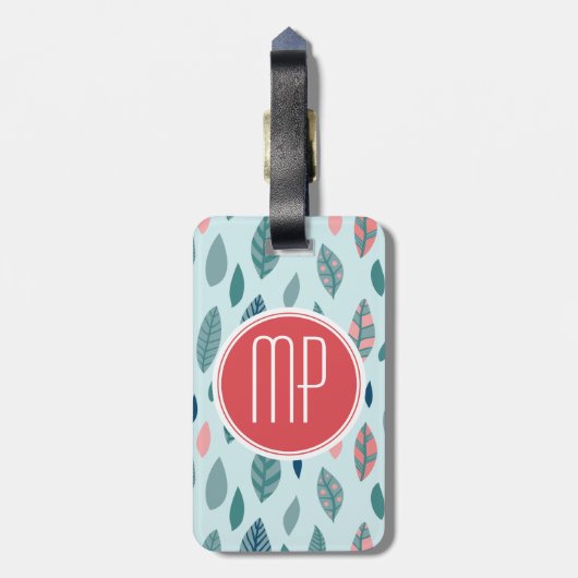 Monogram Girly Whimsical Leaves Pattern Bagagelabel (Achterkant verticaal)