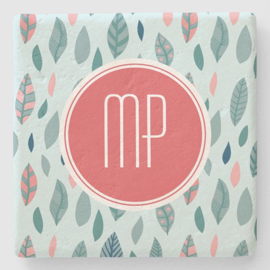 Monogram Girly Whimsical Leaves Pattern Stenen Onderzetter (Voorkant)