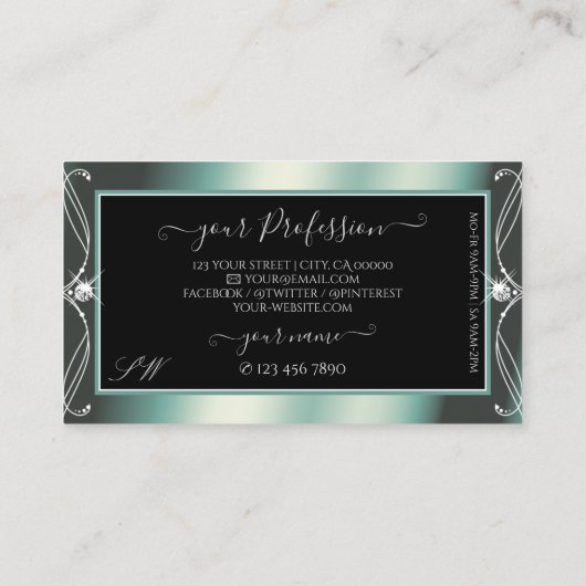 Monogram gladde zwarte en Blauwgroen Sparkle Diamo Visitekaartje (Achterkant)