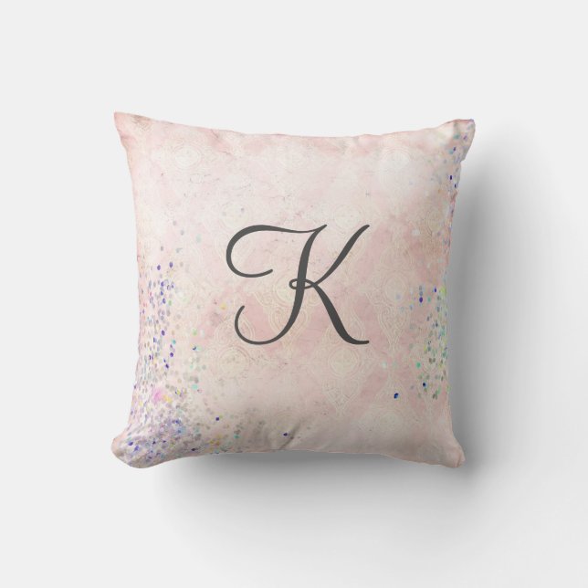 Monogram Glam Chic Pink Grey Sparkle Elegant Kussen (Voorkant)
