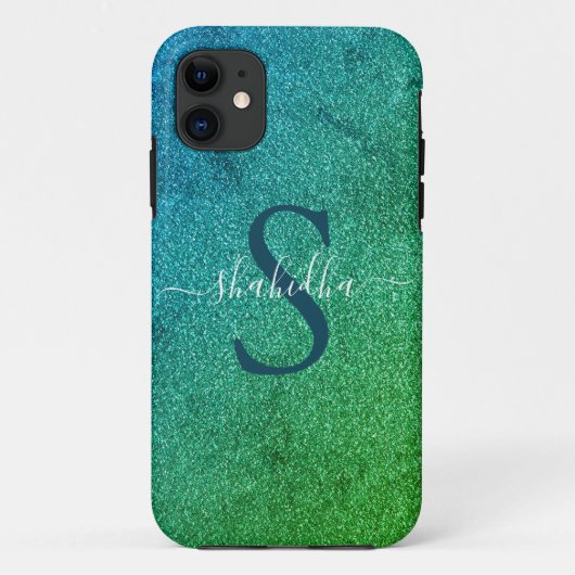 monogram glazige blauwe en groene glitter Case-Mate iPhone case (Achterkant)