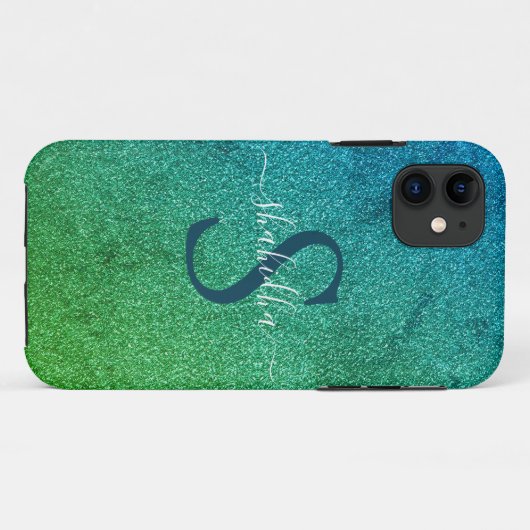 monogram glazige blauwe en groene glitter Case-Mate iPhone case (Achterkant (horizontaal))