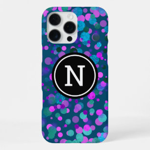 Monogram glinsterende blauwe paarse confetti stipp iPhone 16 pro max hoesje