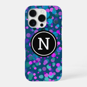 Monogram glinsterende blauwe paarse confetti stipp iPhone 16 pro hoesje