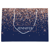 Monogram Glitter Blush Pink Rose Gold Navy Blue Groot Cadeauzakje (Voorkant)