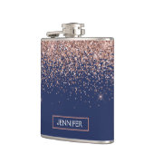 Monogram Glitter Blush Pink Rose Gold Navy Blue Heupfles (Links)