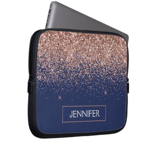 Monogram Glitter Blush Pink Rose Gold Navy Blue Laptop Sleeve (Voorkant Rechts)