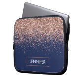 Monogram Glitter Blush Pink Rose Gold Navy Blue Laptop Sleeve (Voorkant Links)