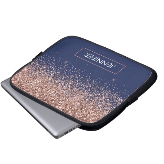 Monogram Glitter Blush Pink Rose Gold Navy Blue Laptop Sleeve (Voorkant onderkant)