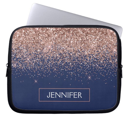 Monogram Glitter Blush Pink Rose Gold Navy Blue Laptop Sleeve (Voorkant)