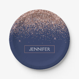 Monogram Glitter Blush Roze Goud Navy Blauwe Papieren Bordje