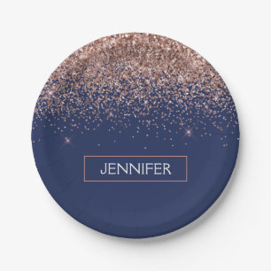 Monogram Glitter Blush Roze Goud Navy Blauwe Papieren Bordje