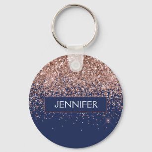 Monogram Glitter Blush Roze Goud Navy Blauwe Sleutelhanger