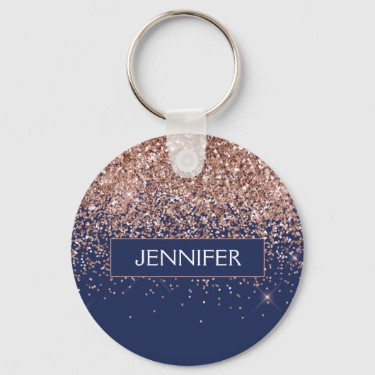 Monogram Glitter Blush Roze Goud Navy Blauwe Sleutelhanger (Voorkant)