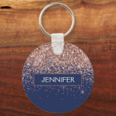 Monogram Glitter Blush Roze Goud Navy Blauwe Sleutelhanger (Voorkant)