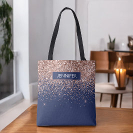 Monogram Glitter Blush Roze Goud Navy Blauwe Tote Bag