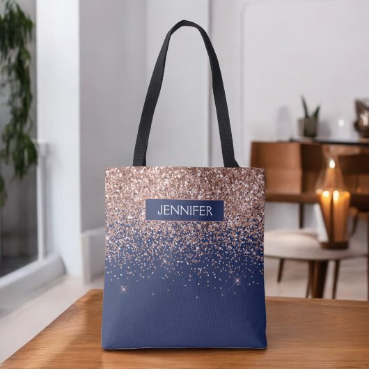 Monogram Glitter Blush Roze Goud Navy Blauwe Tote Bag