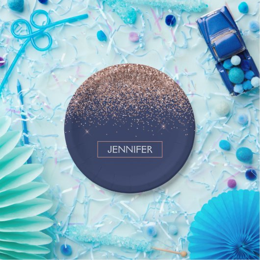 Monogram Glitter Blush Roze Rose Goud Navy Blauwe Papieren Bordje (Feest)