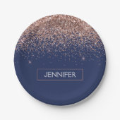 Monogram Glitter Blush Roze Rose Goud Navy Blauwe Papieren Bordje (Voorkant)