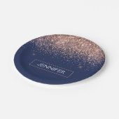 Monogram Glitter Blush Roze Rose Goud Navy Blauwe Papieren Bordje (Gekanteld)