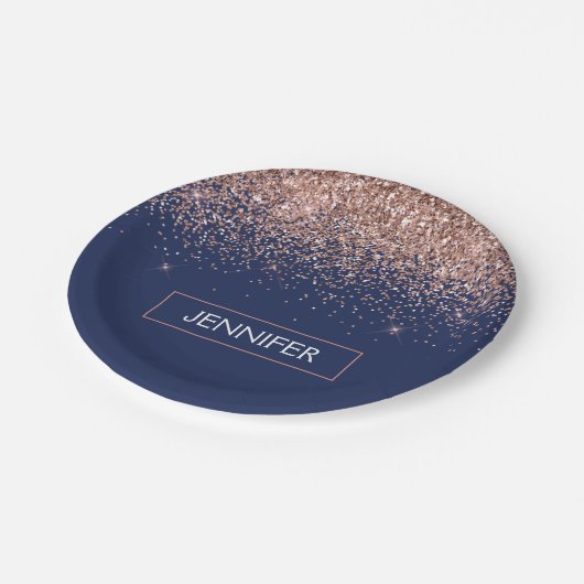 Monogram Glitter Blush Roze Rose Goud Navy Blauwe Papieren Bordje (Gekanteld)