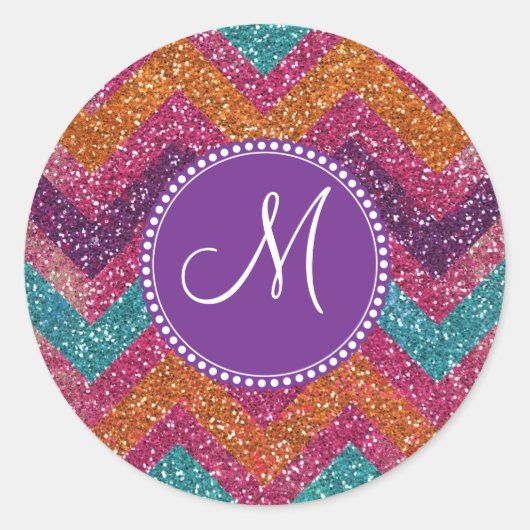 Monogram Glitter Chevron Pink Paars Blauwgroen Sin Ronde Sticker (Voorkant)