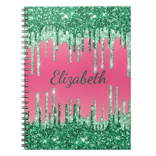 Monogram Glitter Drips Roze Groen Trendy Glam Notitieboek (Voorkant)