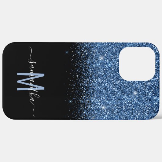 Monogram Glitter Fading Calligraphy Name Blue Case-Mate iPhone Case (Achterkant / Rechts)