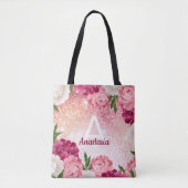 Monogram Glitter Floral roze design Tote Bag (Voorkant)