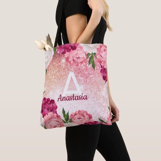 Monogram Glitter Floral roze design Tote Bag (Dichtbij)