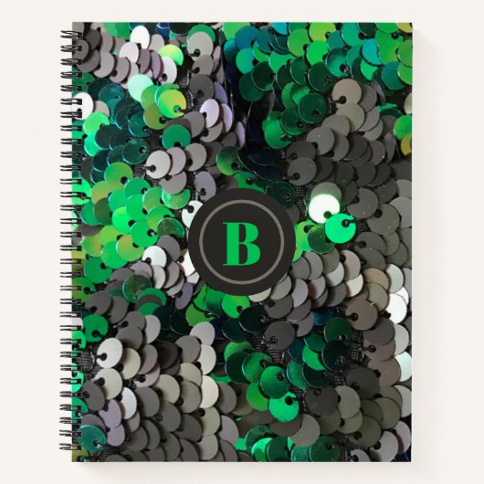 Monogram glitter grijs groen pailletten girly spar notitieboek (Voorkant)