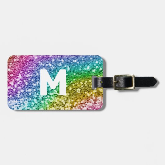 Monogram Glitter Look Gepersonaliseerde Regenboog Bagagelabel (Voorkant horizontaal)