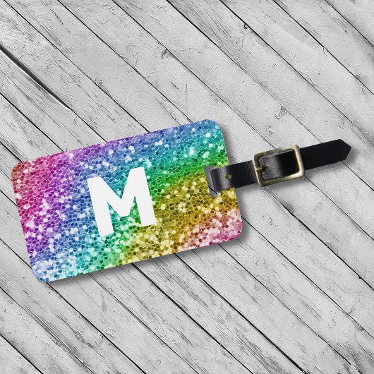 Monogram Glitter Look Gepersonaliseerde Regenboog Bagagelabel