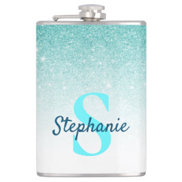 Monogram Glitter Ombre Aqua Blue Girly Heupfles