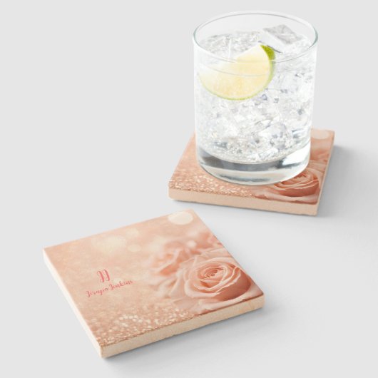 Monogram Glitter Roos Gouden Achtergrond en Roos Stenen Onderzetter (Zijkant)