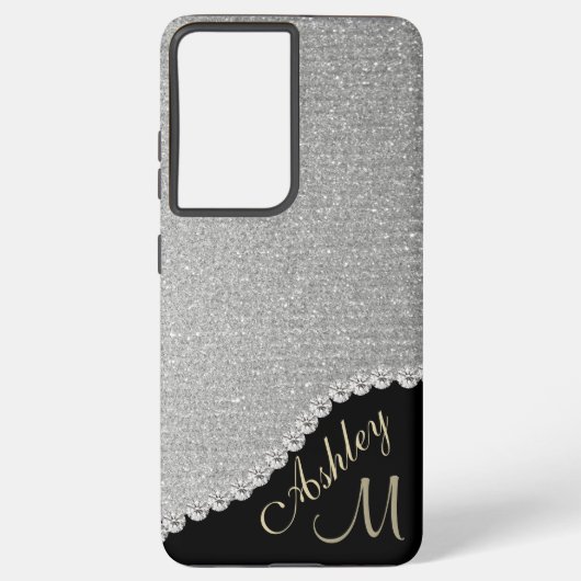 Monogram Glitter Silver Glam Samsung Galaxy Hoesje (Achterkant)