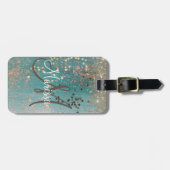Monogram Glitter Sterren op Blauwgroen Gepersonali Bagagelabel (Voorkant horizontaal)