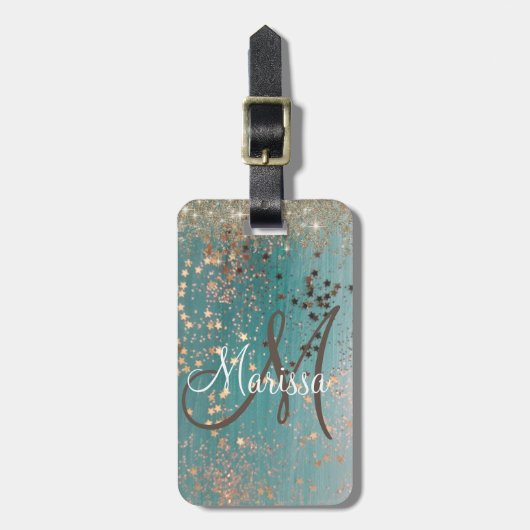 Monogram Glitter Sterren op Blauwgroen Gepersonali Bagagelabel (Voorkant verticaal)