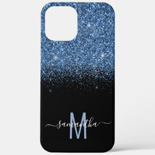Monogram Glitter Vervagende Calligrafie Naam  Blau Case-Mate iPhone Case