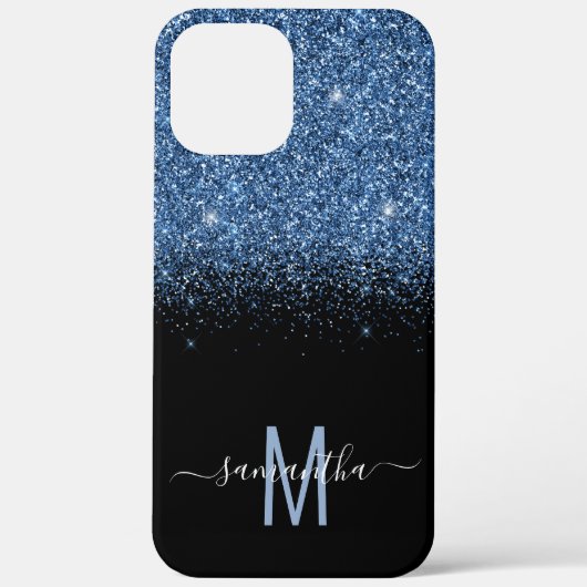 Monogram Glitter Vervagende Calligrafie Naam Blau Case-Mate iPhone Case (Achterkant)