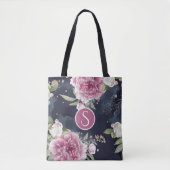 Monogram Glitter Waterverf Roze Blauwe Floral Meis Tote Bag (Voorkant)