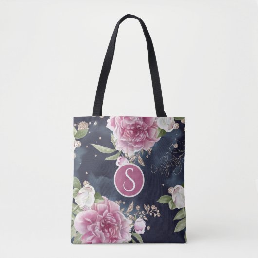 Monogram Glitter Waterverf Roze Blauwe Floral Meis Tote Bag (Voorkant)