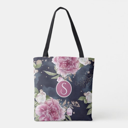 Monogram Glitter Waterverf Roze Blauwe Floral Meis Tote Bag (Achterkant)