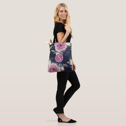 Monogram Glitter Waterverf Roze Blauwe Floral Meis Tote Bag (Op model)